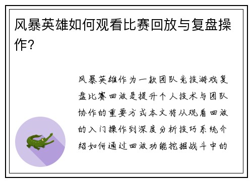 风暴英雄如何观看比赛回放与复盘操作？