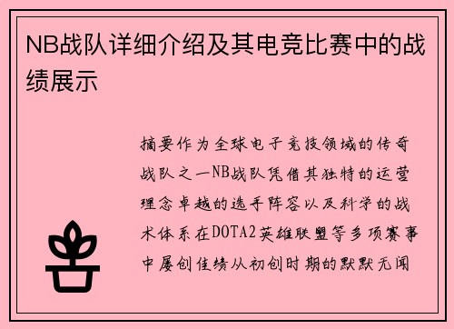 NB战队详细介绍及其电竞比赛中的战绩展示